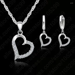 Necklace Earrings Set Birthday Valentines Gift Cubic Zircon Heart Pendant Jewelry 925 Sterling Silver Color Earring Women Wedding Sets