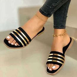 Slippers Women 2024 New Metal Striped Summer Flat Shoes Fashion Slip on Slides Outdoor Female Casual Sandals Plus Size 43 H240504