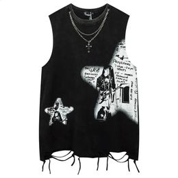 Mens Y2k Streetwear Tassel Sleeveless Tank Top Summer Washed Rock Print Punk Gothic Retro Harajuku T-Shirt Unisex 240425