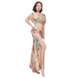 Stage Wear Belly Dance Top Skirt Set Sexy Women Flower Clothes Performance Costume Long Suit Festival Rave Outfit