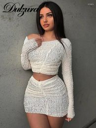 Work Dresses Dulzura Women Y2K Clothes Long Sleeve Ruched Crop Top High Waist Bodycon Side Slit Mini Skirt Matching Set Club Birthday Party
