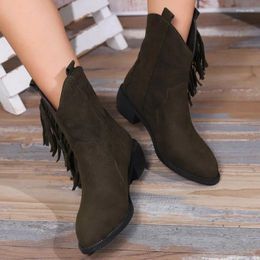 Boots European And American Retro Tassel Women's 2024 Winter Solid Color Thick Heel Western Cowboy Short Zapatos De Mujer