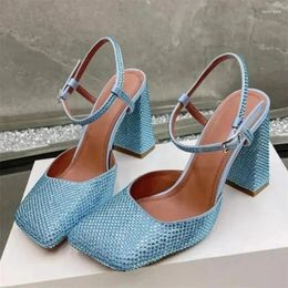 Dress Shoes Large Size 45 Women Square Toe Rhinestone Mary Jane Sandals Candy Colours Banquet Party Chunky High Heels Wide Fit Satin