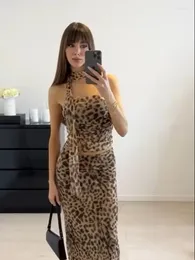 Work Dresses Leopard Print Tub Top Long Skirt Suit Women Sleeveless Pleated Tops Wrap Hips Skirts Outfits 2024 Beach Vocation 2 Piece Sets