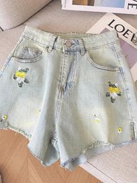 Women's Shorts Korejepo Artistic Style Embroidered Yellow Flower Denim Women 2024 Summer High Waisted Slim Wide Leg Pants