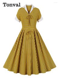 Party Dresses Tonval Notched Collar Bow Front Yellow Striped 40s 50s Retro Pleated Dress Short Sleeve Elegant Women Vintage Midi