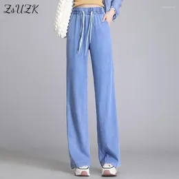 Women's Jeans ZUZK Summer Women Thin Fashion Suitable Wide Leg Loose Droop Elastic Waist Denim Long Pants Korean Drawstring Casual