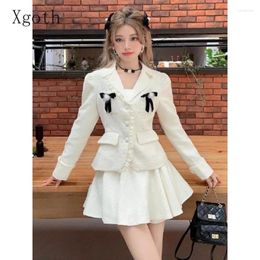 Work Dresses Xgoth Sweet Skirt Set Small Fragrance Lapel Bow Long Sleeve Coats Tops Korean Fashion Pleated Mini Skirts Preppy Two-piece Sets