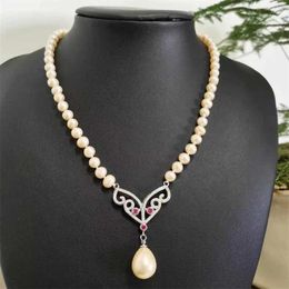Chains Hand Knotted Necklace 6-7mm Pink Freshwater Pearl 43cm Micro Inlay Zircon Accessory Shell Pendant