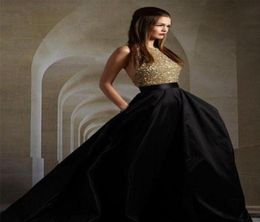 Black Satin A Line Prom Dresses Gold Top Sequins Custom made Party Gowns Sweep Train Elegant Evening Dress7140264