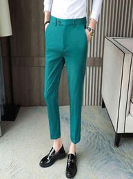 Summer Gentleman Wedding Dress Pants Blackish Green Pink Slim Fit Mens Social Suits Pants Stretch Elegant England Streetwear L22075590201