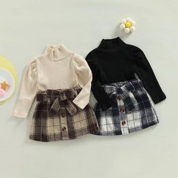 Clothing Sets CitgeeAutumn Kids Girls Dress Suit Long Sleeve Turtleneck Knitting Tops Plaid Print Skirts Waist Belt Clothes