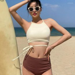 Women's Swimwear 2024 Conservative Swimsuit Small Chest Slim High Waist Hanging Neck Bikini