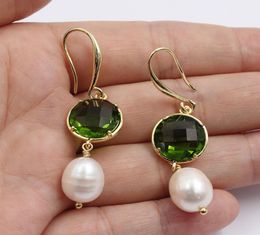 GuaiGuai Jewelry Natural White Rice Pearl Green Glass Crystal Gold Plated Hook Earrings Handmade For Women2449407