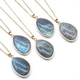 Pendant Necklaces Natural Stone Irregular Flash Labradorite Necklace Gold Colour Stainless Steel For Women Jewellery Gift 30x21mm