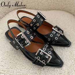 Onlymaker Women Black Pointed Toe Buckle Slingback Flats Comfortable Mary Jane Plus Size Fashion Shoes 240429