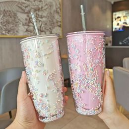 780ml Large Straw Tumbler Cute Kawaii Macaron Bubbles Cups with Straws Double Wall Plastic Water Bottle Drinkware for Girl Women 240422