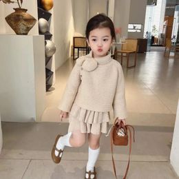 Clothing Sets Kids Fashion Clothes Two Piece Set Girls Spring Autumn Pullover Bowknot Top Retro Knitting Pleated Skirt Sweater Elegant