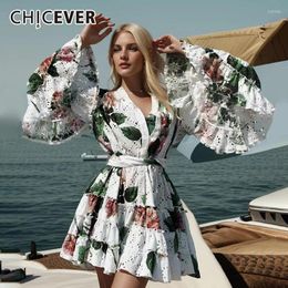 Casual Dresses CHICEVER Hollow Out Print For Women V Neck Flare Sleeve Single Breasted Spliced Lace Up Colorblock Mini Dress Female