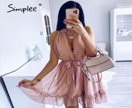 Simplee Sexy sleeveless women dress Solid ruffled sash buttons party summer dress Casual holiday ladies chiffon beach mini dress Y1218786