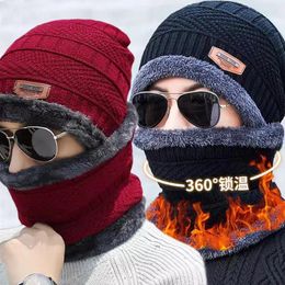 Berets Winter Hats Scarf Set Knitted Cap Men Women Velvet Hat Coral Fleece Outdoor Riding Warm Thickening Neck Protect