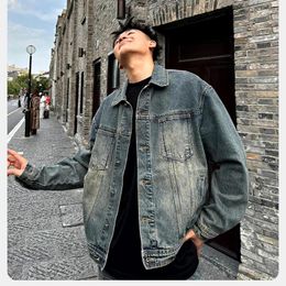 Men's Jackets Denim Coat Jacket Adult Style YellowCasual Loose Distressed Washed Cotton American Retro Couple Lapel Single Breasted