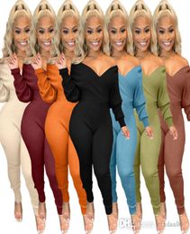 Sexy Women Jumpsuits Large Vneck Off Shoulder Thread Ribbed Bodysuit Solid Color Rompers Long Sleeve Clubwear 7 Colors Onesies5863690