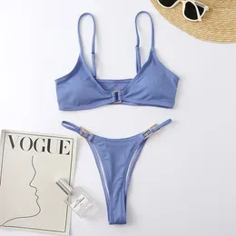 Women's Swimwear 2024 Solid Colour Women Swimsuit Sexy Mini 2-Piece V-neck Bikini Summer Suspender Backless Beach Bathing Suit Thong Y158