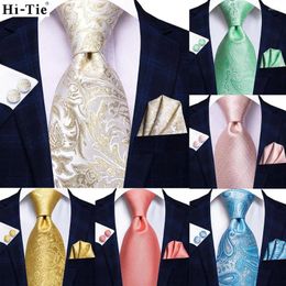 Bow Ties Hi-Tie Light Champagne Men Silk Wedding Tie Mint Paisley Solid Fashion Design Gift Necktie For Hanky Cufflink Business Party