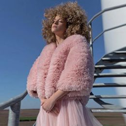 Fluffy Pink Ruffles Tiered Tulle Jacket Extra Puffy Tutu Blouse Hi Street Long Sleeve Ruffled Lush Mesh Women Tops Real Image