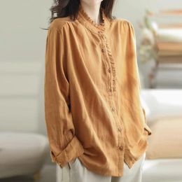 Women's Blouses Spring Summer Cotton Linen Shirt Fashion Retro Long Sleeve Ruffled Top Casual Solid Colour Loose Single Breasted Blouse