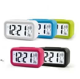 Plastic Mute Alarm Clock LCD Smart Temperature Cute Photosensitive Bedside Digital Alarms Clocks Snooze Nightlight Calendar LL