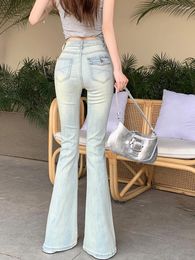Women's Jeans Slergiri Light Blue Pocket Embroidered Flare Woman Summer High Waist Korean Fashion Slim Stretch Vintage Denim Trousers