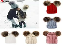 Children Baby Knitted Hats Winter Knitted Solid Crochet Hat Warm Soft Pom Pom Beanies Double Hairball Hats Outdoor Slouchy Caps Wf9283733