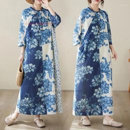 Ethnic Clothing 2024 Chinese Vintage Dress Improved Cheongsam National Flower Print A-line Qipao Oriental Elegant Patchwork Loose