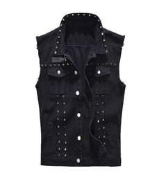 Mens Vest Vintage Denim Jeans Vest Male Fashion Black Sleeveless Jackets Waistcoat Men Spring Autumn Rivet Hole Jeans Waistcoats7794746