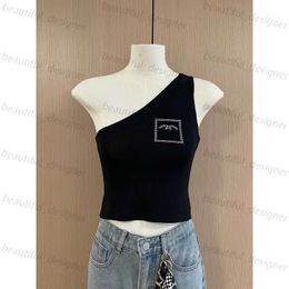 Designer women's Tshirt Hot Diamond Embroidery Temperament Age Reducing Fragrant Style Oblique Shoulder Knitted Tank Top for Women
