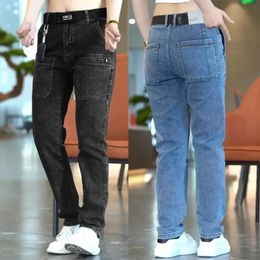 Men Slim Stretch Jeans Multi Pocket Cargo Pants Fashion Streetwear Designer Skinny Male Denim Trousers Brand Clothes Blue Black 240422