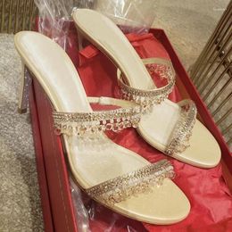 Slippers Crystal Embellishments Chandelier Beaded Satin Mules Narrow Band Slip-on Style Round Toe Slingback Brand Design Women's