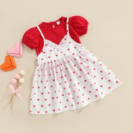 Clothing Sets FOCUSNORM Valentines Summer Kids Girls 2pcs Clothes Puff Sleeve Solid T Shirts Tops Heart Printed Strap Dress 1-6Y