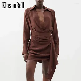 Casual Dresses 4.16 KlasonBell Solid Temperament V-Neck Long Sleeve Shirt Dress For Women Asymmetrical Ruched Collect Waist Mini