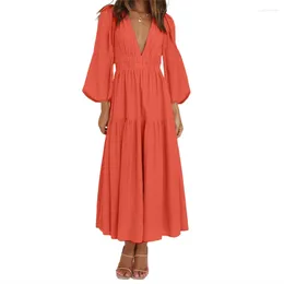 Casual Dresses Women Flowy Hem Long Dress Fall Elegant Solid Colour Puff Sleeve Deep V Neck Big Swing Party Boho Holiday