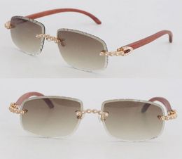 Designer Moissanite Diamond Set Rimless Sunglasses Womans Design Original Wood Men Glasses Oval Shape Face Carved lens Big Stones 2853717