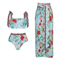 Women's Swimwear 2024 Bikini Lace French Style Elegant Swimsuit Set Women Blue Ink Leaves Print