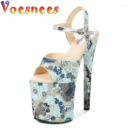 Sandals Blue Green Print Pole Dance Shoes Nightclub 20CM Thin High Heels Platform Shiny Sequin Fashion Club Bar Pumps For Women