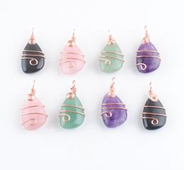 Wholesale Natural Stone Copper Wrap Pendant Irregular Geometric Bead Amethyst Crystal Opal Rose Gold Colour Dangle Charms Jewellery DBN4376942884