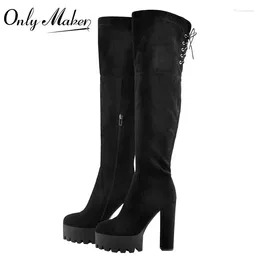 Boots Onlymaker Women Round Toe Over The Knee Platform Chunky Heel Thigh High Side Zipper Black Winter