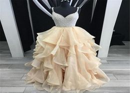 Glamorous A Line Spaghetti Straps Backless Ruffled Organza Champagne Tulle Prom Dress With Beading Cutout Back Evening Gowns4870239