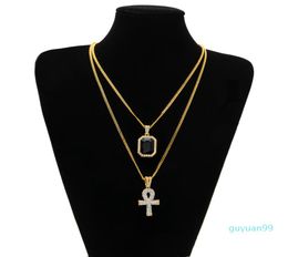 Egyptian Ankh Key of Life Bling Rhinestone Cross Pendant With Red Ruby Pendant Necklace Set Men Hip Hop Jewelry6924123