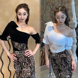 Stage Wear 2024 Latin Dance Clothes Oblique Shoulder Lace Tops Ballroom Performance Costume Black White Leotard Adult Top 12828